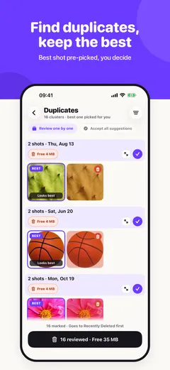 Duplicates: the best shot is marked, the copies are selected