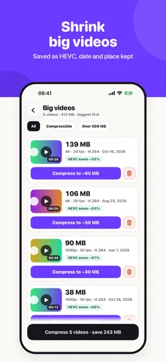 Big videos: compress five videos and save 243 MB