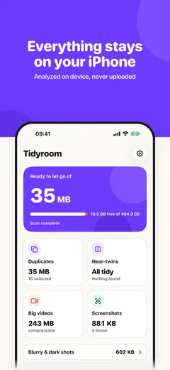 Tidyroom Home screen: ready to let go of 35 MB, with the category cards below