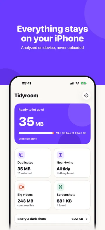 Tidyroom Home screen: ready to let go of 35 MB, with the category cards below