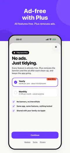 Tidyroom Plus: no ads, nothing else locked
